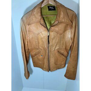 1970s Genuine Leather Tan Zip-Up Jacket Men’s Medium Retro Wide Collar Moto